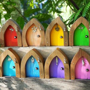 Wooden Fairy Door in Rainbow Colours
