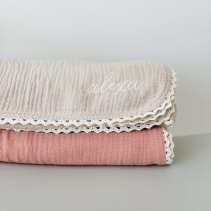 Personalised Organic Cotton Baby Blanket with Lace Trim