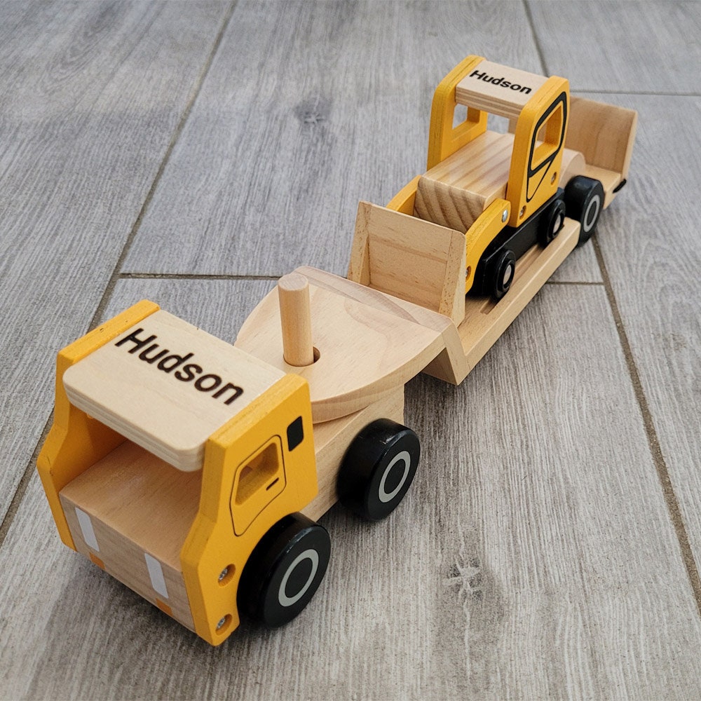 Personalised Wooden Construction Vehicle Toy Low Loader with Bobcat