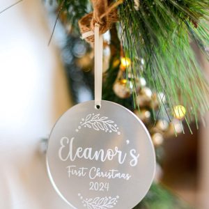 Personalised Baby's First Christmas Tree Ornament with Satin Ribbon Engraved Frosted Acrylic