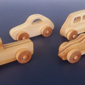Set of 4 Handmade Wooden Toy Cars, Truck and Bus
