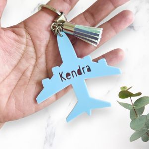Personalised Plane Shaped Bag Tag or Keyring Charm