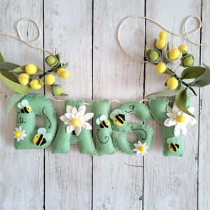 Handmade Daisies and Bees Felt Name Banner with Optional Flora
