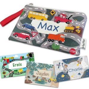 Personalised Name Zip Purses in Choice of Train, Car, Farm, Space Themes