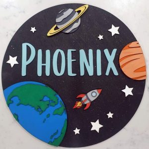 Personalised Round Timber Name Sign: Space Themed
