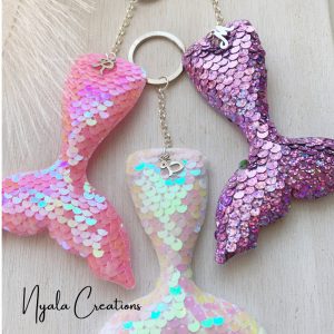Sequin Mermaid Tail Keyring with Charm Initial