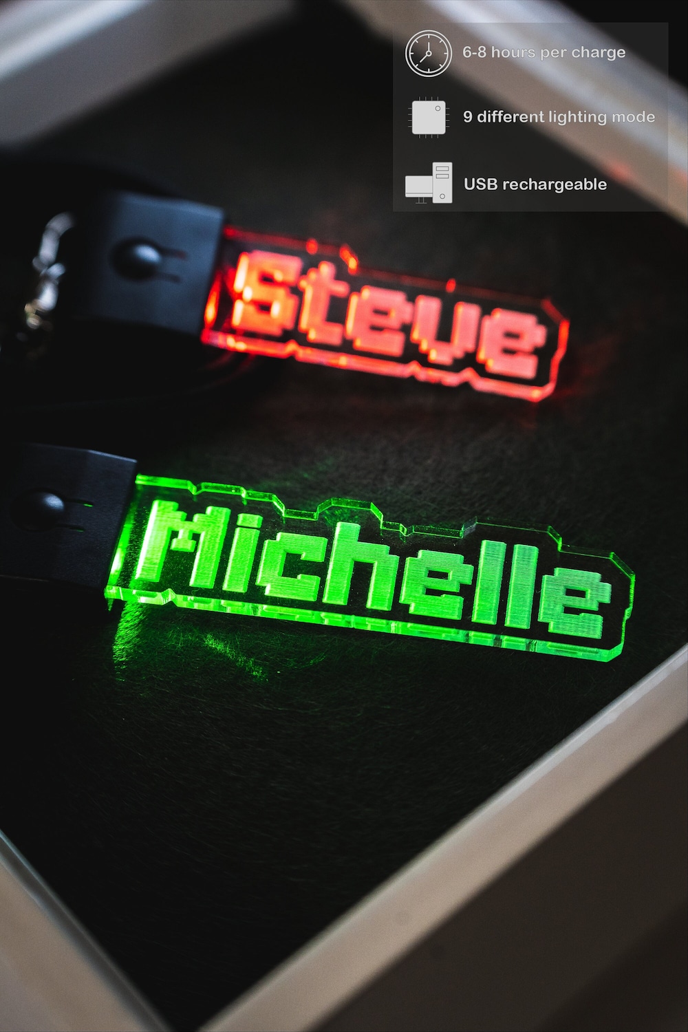 LED Personalised Acrylic Name Keyring Pixel Art Style